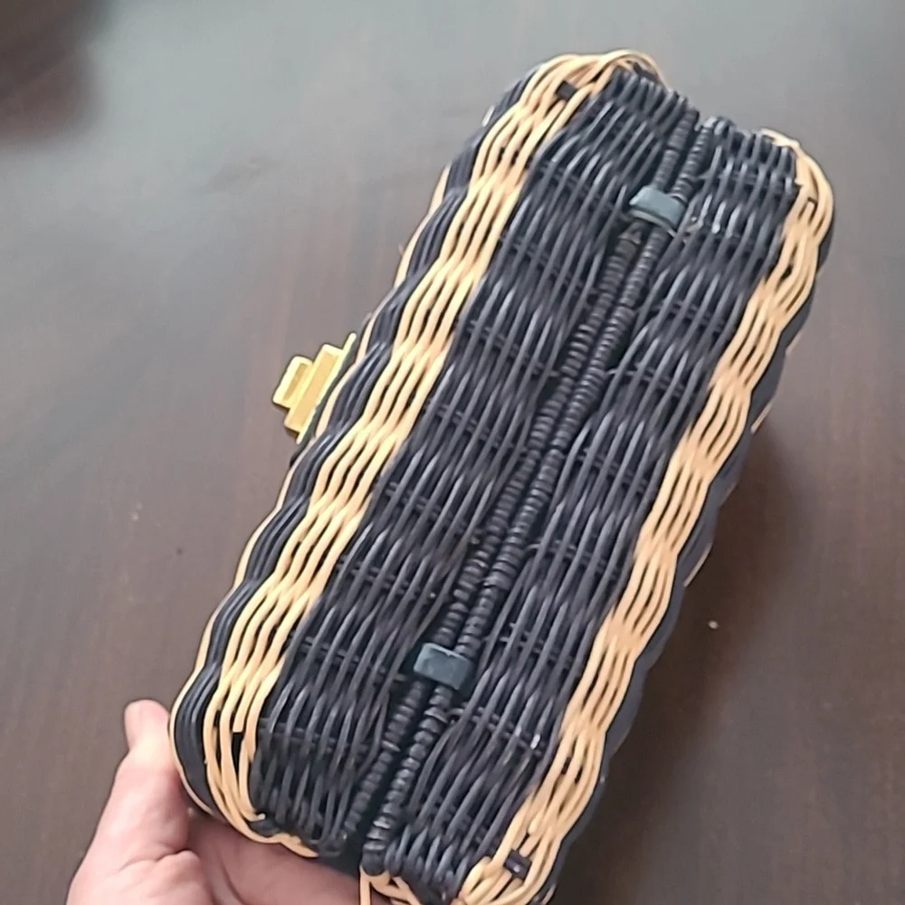 J.Crew natural Navy wicker basket patent leather brass buckle purse - Picture 5 of 8